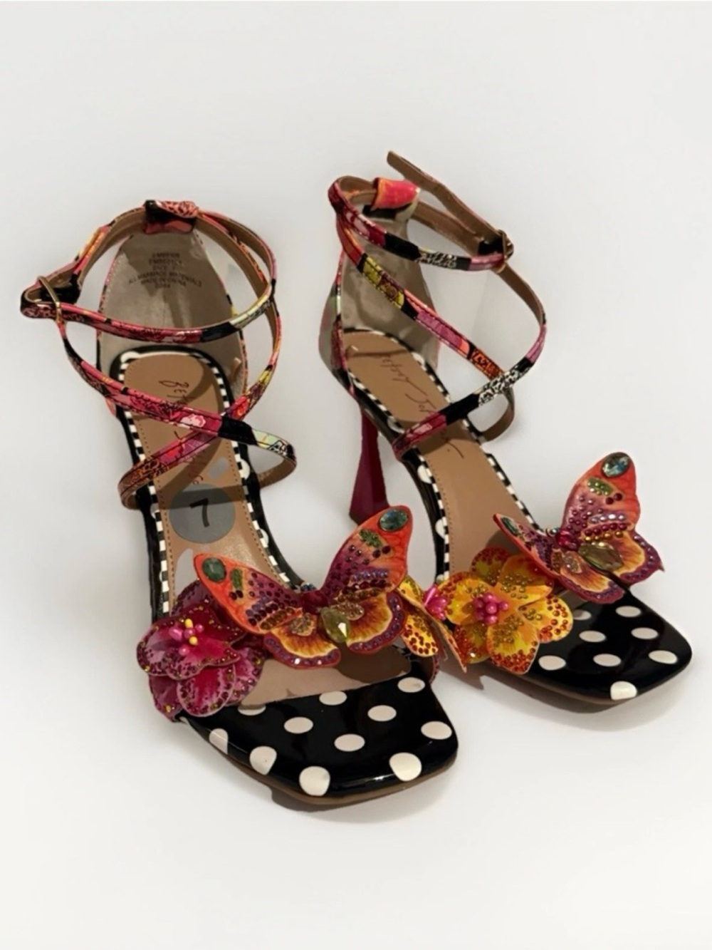 Betsey Johnson Pink Multi Butterfly & Floral Polka Dot Strappy Heels